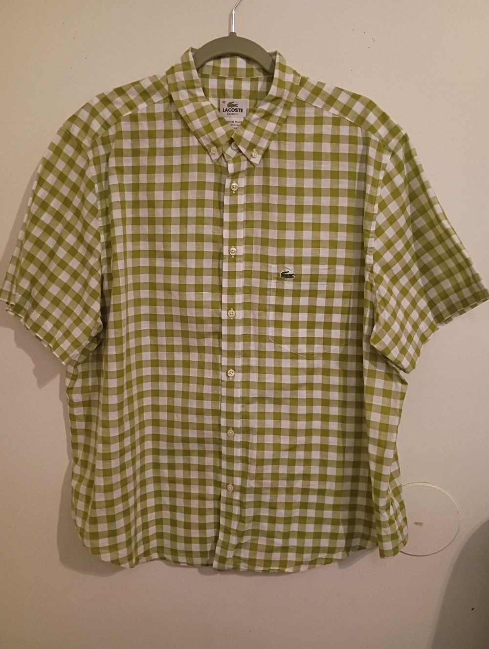 Lacoste Men’s Short-Sleeve Button-Down Gingham Shirt - Green/White Sz 45-L